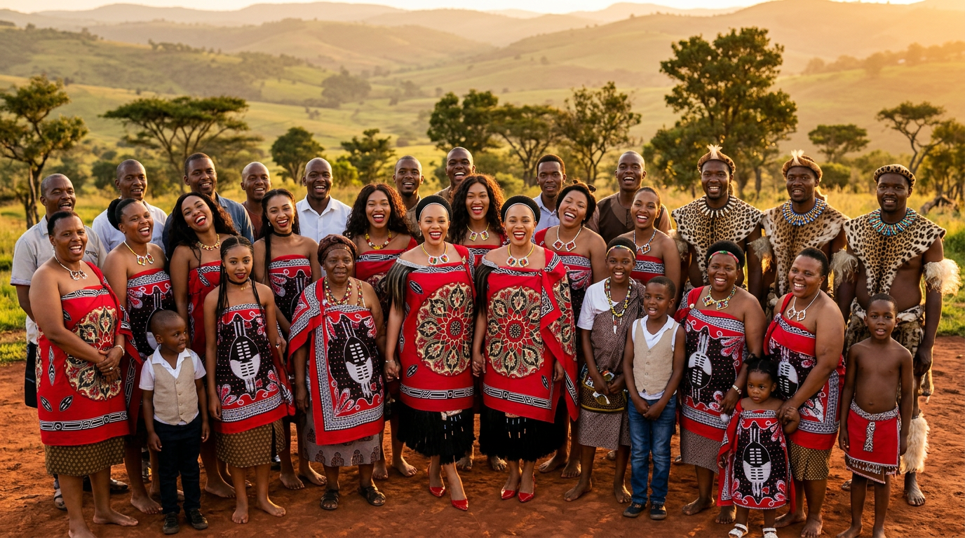 BaYomncayi family gathering in traditional Swazi regalia