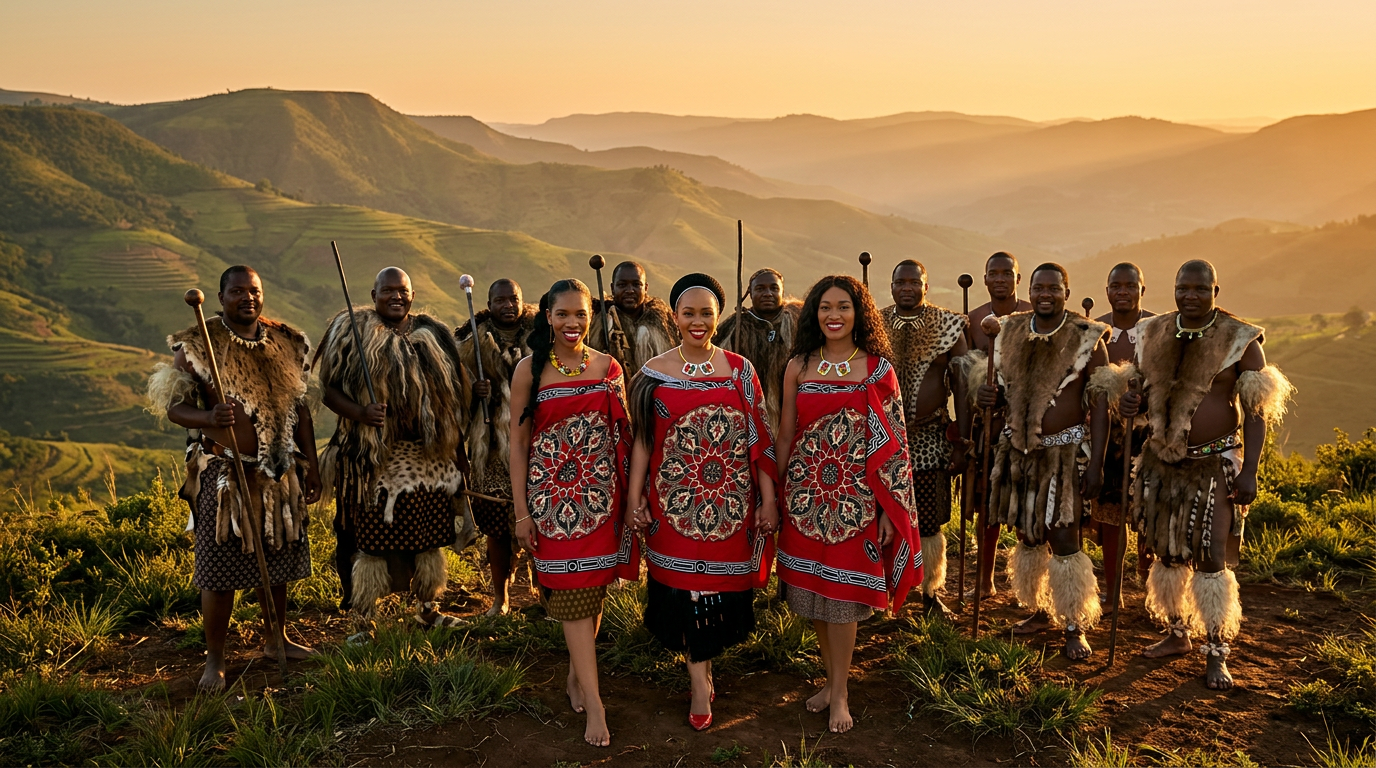 Swazi Umhlanga reed dance maidens in traditional red regalia at golden dusk